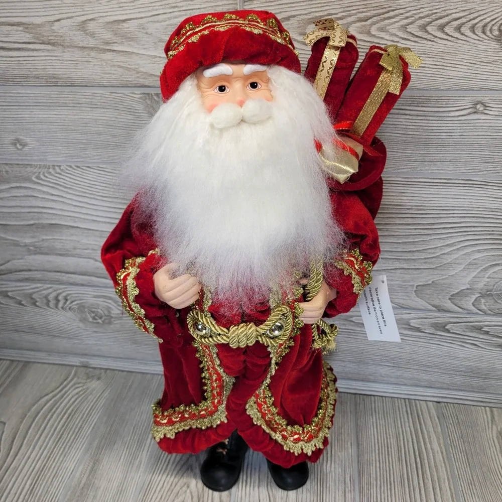Santa Claus Figurine Red Velvet Gold Trim Traditional Holiday St Nick Sack Gifts